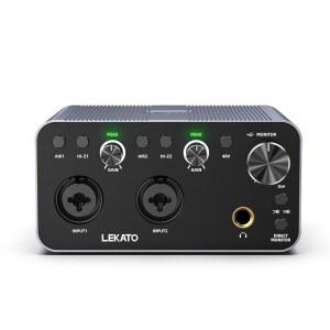 LEKATO 2i2 USB 오디오 인터페이스, 24비트/192kHz XLR 스마트폰 컴퓨터 녹음, 스트리밍, 기타, 음악 제작을 위한 48V 팬텀 파워, 팟캐스트