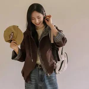 아웃도어 체크배색 후드점퍼