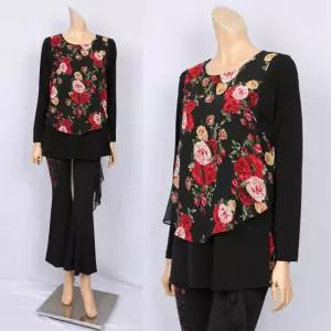 노브패리스 BGR3116 오송이 이중 쉬폰 티셔츠 66에서99 라운드 긴팔 뱃살커버 빨강꽃 봄 가을 