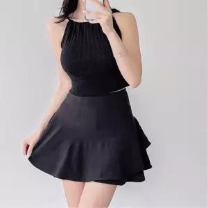 여성 리본 셔링 크롭 홀터 니트 탑