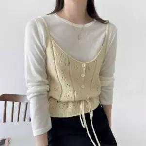 여성 울혼방 펀칭 리본 크롭 니트 뷔스티에 조끼