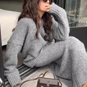 [옷자락]여성용 V넥 루즈 니트 탑과 롱 스커트 투피스 세트