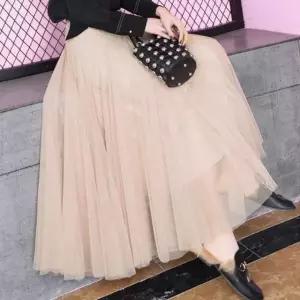 결혼식 하객 룩 모임 여성 망사 샤 플레어 롱 스커트 (WFKBW9I)