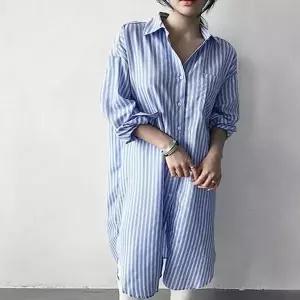 원피스 스트라이프 여자 봄가을 루즈핏 셔츠 롱셔츠 (WFKBX4D)