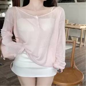 베이비핑크 얇은 긴팔티셔츠 시스루 여리핏 여자 여름 (WFKBXA2)