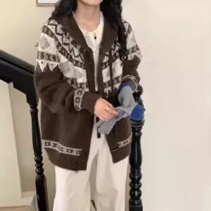 니트 빈티지 여자카디건 후드 자카드 스웨터 코트 추동 페어아일랜드 톤 다운 카디건 원템4