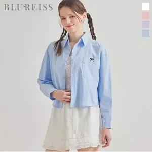 [블루레이스] 리본 자수 셔츠 카라 크롭 블라우스_B6S1BL5041