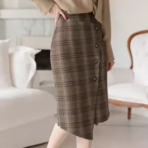 [시크라인] 알레드 버튼 언발 랩 체크 스커트