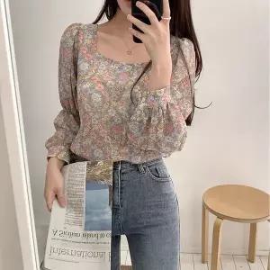 [하프클럽/]여성 퍼프 스퀘어넥 패턴 소매 블라우스 플라워 청순