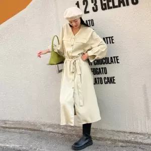 여성 봄 가을 브이넥 벨트 셔츠 롱 원피스 하객룩 OP0597S 빅사이즈 루즈핏