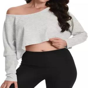 여성 오프숄더 긴팔 T 셔츠 보트넥 루즈 크롭 탑 캐주얼 오버사이즈 운동