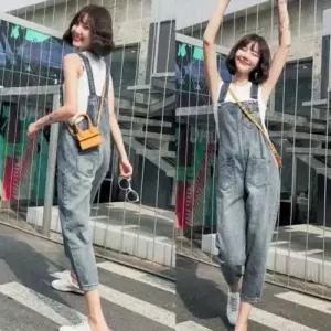 패션 9부롤업바지 코디 점프 수트 청바지 연청 멜빵 WD36A41