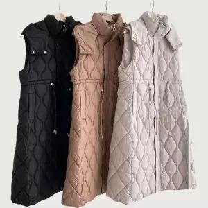 여성 물결 퀼팅 후드 롱 조끼 솜패딩 스트링 버튼