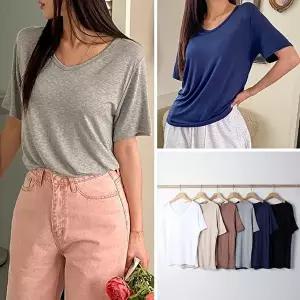[유야]여성 레이온 스판 무지 브이넥 반팔 티셔츠 STS0054 여름