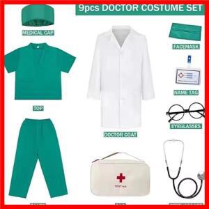 9PCS 소년과 소녀 간호사의 유니폼 청진기와 흰색 의사의 수술 가운 어린이 카니발 파티 공연 의상