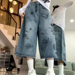 [하프클럽/]여성 일상 캐주얼 그래픽 와이드 반바지 청바지