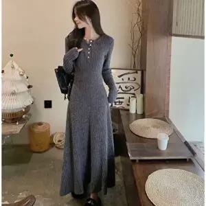 데일리 라운드넥 버튼 골지 니트 원피스 (KYR-WFFQRCY)