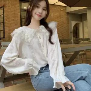 [제이프로젝]흰색블라우스 이중 레이스 프릴 어깨포인트 큐티셔츠 블라우스 레이스블라우스 카라블라우스