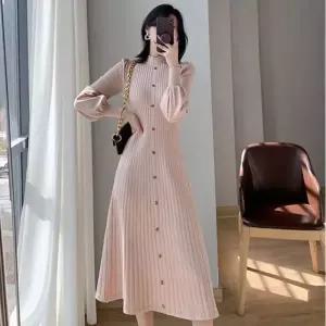 [샵앤] 여성 하객룩 하프넥 단추 플리츠 니트 롱 원피스 WON-WDR-WFICGGV