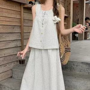 [콩심팥심]여성 여름 민소매 스트라이프 스커트 투피스 세트