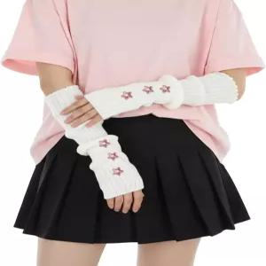 가와이 스타 암 워머 Y2K 고트 하라주쿠 스타일의 화이트 소프트 니트 롱 핑거리스 장갑 슬리브 귀여운