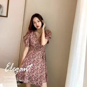 귀여운 여자 프릴소매 플라워 셔링 A라인 랩원피스 (KYR-WFGOKC9)
