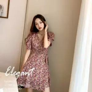 귀여운 여자 프릴소매 플라워 셔링 A라인 랩원피스 (KYR-WFGOKC9)