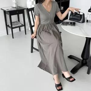 여자 여름 반팔 모던룩 나일론 브이넥 롱원피스 (KYR-WFHCF1A)