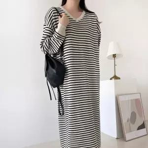[다잇템] 여자 줄무늬 콘트라스트 브이넥니트 FW 등원룩 롱원피스