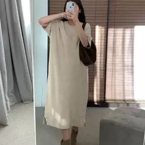 [다잇템] 여자 밑트임 스웨터 비스코스 부드러운 반소매 박스 롱원피스