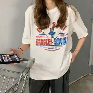 여성용 라운드넥 캐릭터 반팔 티셔츠 곰돌이 프린트