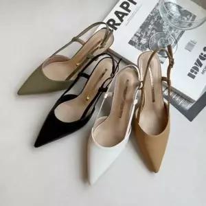 소가죽 슬림 쉐입 스트랩 포인트 미들힐 슬링백 힐 6SS