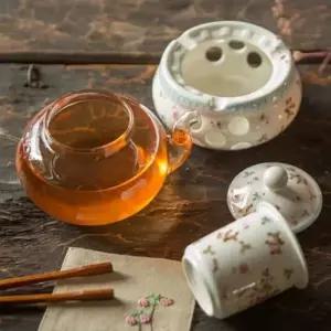 선물용 핑크꽃 손잡이 유리 다관 300ml 워머 세트 다기 찻잔