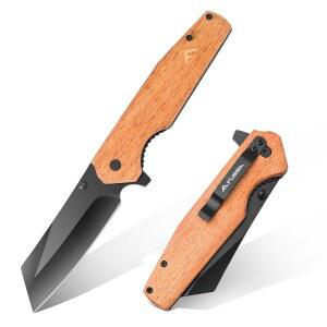 플리사 접이식 나이프, 4-3/4인치 리버스 탄토 포켓 블랙 스톤워시 블레이드, 나무 손잡이, 사냥, 생존, 캠핑 및 야외 활동을 위한 좋은 선물, 아빠, 남편, 친구를 훌륭한 선물