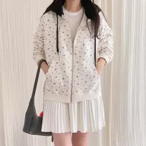 |KSJ6C90|여성용 귀여운 꽃무늬 기모 오버핏 배색 후드 집업