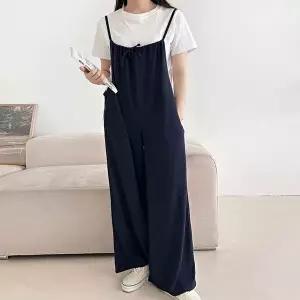 [옷자락]여자 봄 리본 끈나시 레이어드 포켓 와이드핏 점프수트