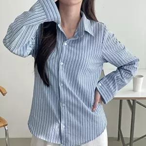 [옷자락]여자 오피스룩 줄지 스트라이프 포켓 카라넥 봄 셔츠