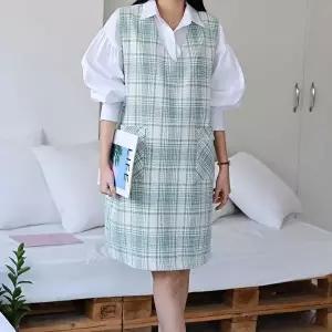[옷자락]여자 빅사이즈 체크 트위드 포켓 브이 민소매 원피스
