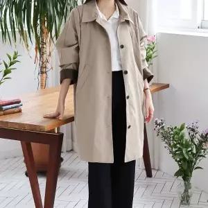 [다잇템] 여자 오피스룩 단추 콘트라스트 카라넥 주머니 봄아우터 롱코트