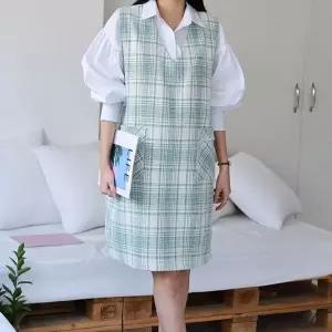 [옷자락]여자 빅사이즈 체크 트위드 포켓 브이 민소매 원피스