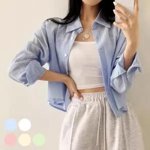 [퍼니메이커]잔스트라이프 여성남방 셔츠 반크롭 여성여름셔츠 여자여름셔츠 여자셔츠