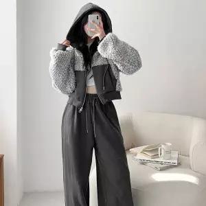 [하프클럽/]여자 덤블 배색 크롭 투웨이 후드집업 와이드팬츠 세트