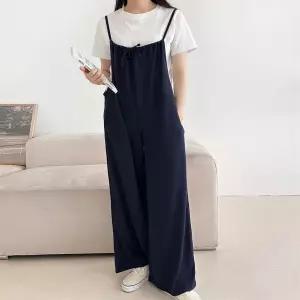 여자 봄 리본 끈나시 레이어드 포켓 와이드핏 점프수트