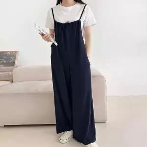 [하프클럽/]여자 봄 리본 끈나시 레이어드 포켓 와이드핏 점프수트