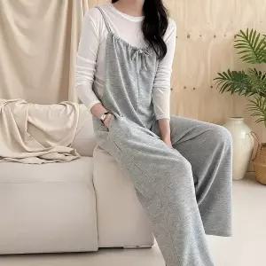 [신세계라이브쇼핑][옷자락] 여성 봄 리본끈 점프수트 와이드핏 포켓 레이어드