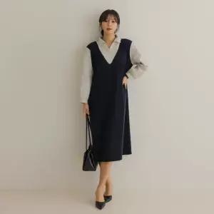 [66-110] 주렌 베스트 줄지 셔츠 배색 원피스