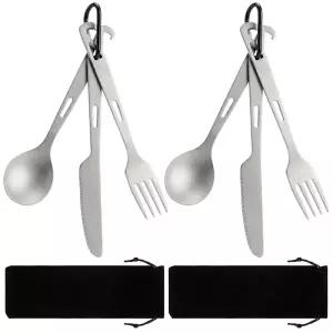 Hushee 6피스 티타늄 플랫웨어 나이프 포크 스푼 세트 경량 캠핑 유틸리티 커틀러리 세트, 보관용 가방 2개