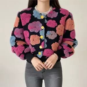 [하프클럽/골피아]여성 플라워 폼폼 뽀글이 점퍼 가디건 벌룬 소매 가을 점퍼 카디건