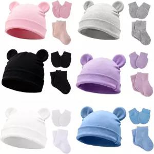 6팩 프리미 모자 장갑 및 양말 세트 면 신생아 비니 긁힘 방지 여아용 다색