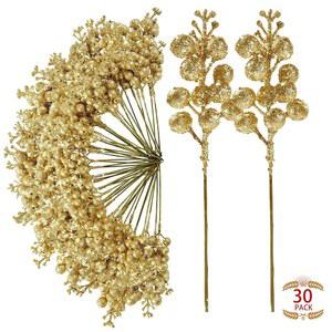 [미국배송] SGGVECSY 30PCS 크리스마스 글리터 베리 스템 인공 레드 브랜치 홀리 DIY 화환 공예 선물 트리 장식품 홈 데코레이션 (골드)